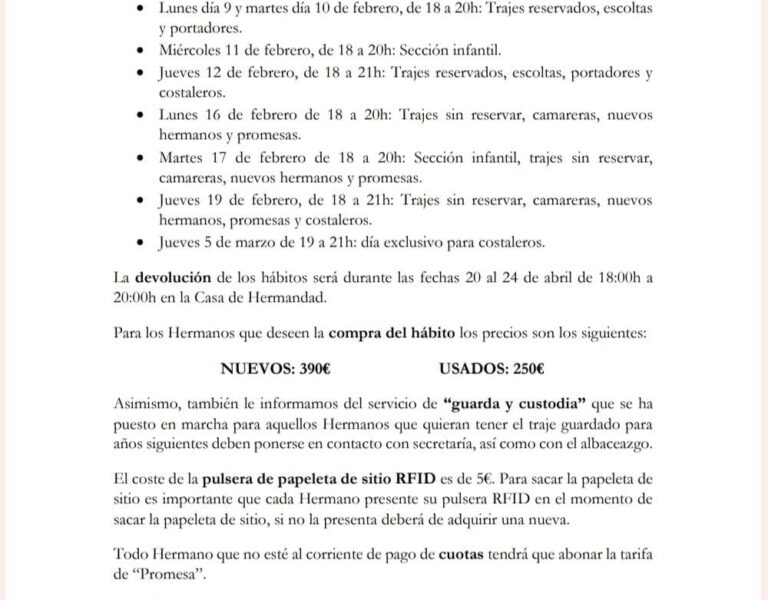 Reparto de Hábitos y Papeletas de Sitio 2026