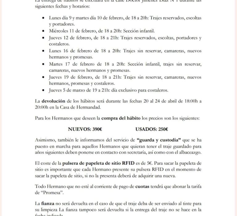 Reparto de Hábitos y Papeletas de Sitio 2026